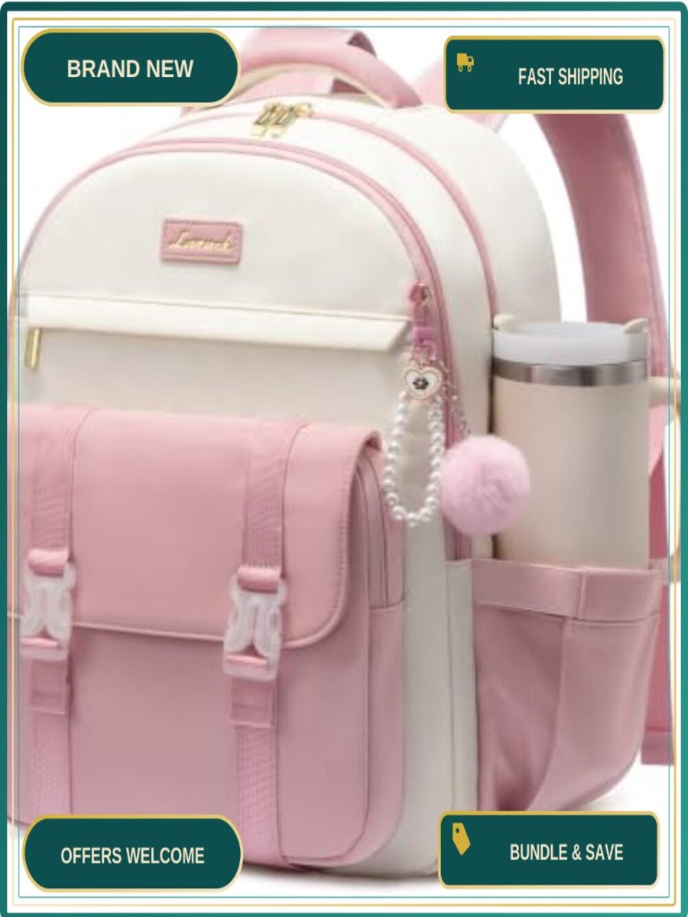 Cute School Backpack for Teen Girls, 15.6" Laptop Bookbag with Water Bottle